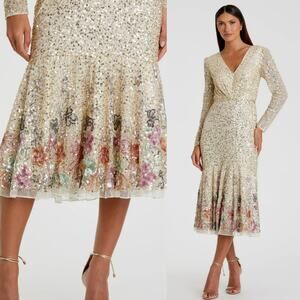 Mac Duggal A5589 8 Gold Floral Faux Wrap Long Sleeve Midi Dress Sequin Beaded